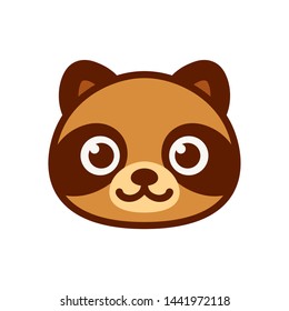 Cute cartoon Tanuki, Japanese raccoon dog character. Simple smiling raccoon face icon, vector illustration.