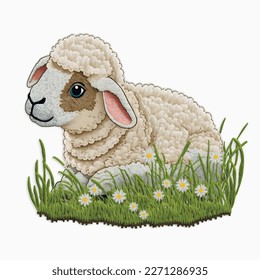 Cute cartoon tapestry little lamb. Embroidery textured lamb on the green grass. Abstract embroidered colorful vector background illustration. Stitching lines surface grunge 3d texture. Applique.