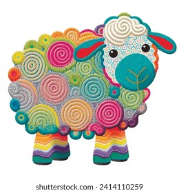 Cute cartoon tapestry ornamental little lamb sheep ram. Embroidery textured lamb. Abstract embroidered colorful vector background illustration. Stitching lines surface grunge 3d texture. Applique.