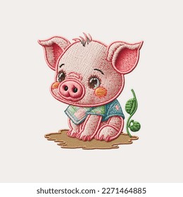 Cute cartoon tapestry pink little pig. Embroidery textured sitting baby pig. Abstract embroidered colorful vector background illustration. Stitching lines surface grunge texture. Applique. For decor.