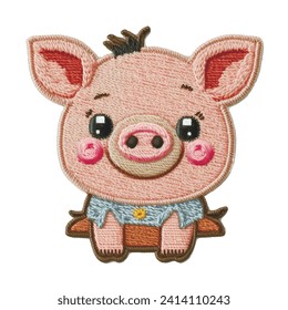 Cute cartoon tapestry pink little pig. Embroidery textured sitting baby pig. Abstract embroidered colorful vector background illustration. Stitching lines surface grunge texture. Applique. For decor.