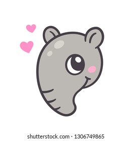 Cute Cartoon Tapir Face Drawing. Kawaii Baby Animal Vector Illustration. Valentines Day Greeting Card.