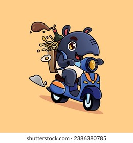 cute cartoon tapir mascot ride scooter delivery ramen, egg and sauce. adorable cartoon mascot illustration