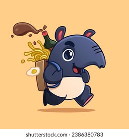 cute cartoon tapir mascot walking carrying ramen, egg and sauce. adorable cartoon mascot illustration