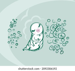 Cute cartoon tardigrade on a green background. Children's illustration.