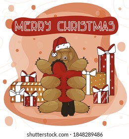 Cute Cartoon Tardigrade is standing on the ground on pink and brown background with new year gifts and Merry Christmas text