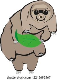 Cute cartoon tardigrade (water bear) isolated on a white background, incredible animal animal from the micro world, with a green leaf in its paw, happy and smiling