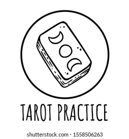 Cute cartoon tarot deck doodle image. Tarot practice logo. Media highlights graphic icon