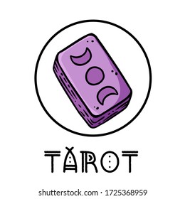 Cute cartoon tarot deck doodle image. Tarot practice logo. Media highlights graphic icon