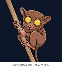 Cute Cartoon Tarsier Holding a Branch - Adorable Primate Illustration with Huge Eyes for Kids' Wildlife and Nocturnal Animal Designs. Vector Illustration