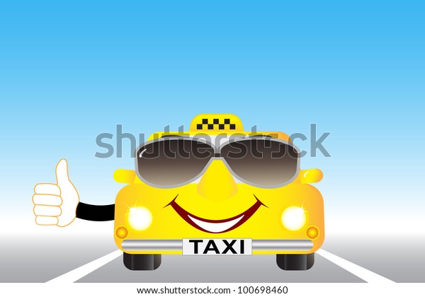 cute cartoon\
taxi with thumb up on the\
highway