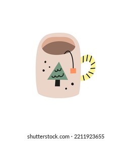 Cute cartoon tea cup with tea bag and fir tree in modern style isolated on white background.