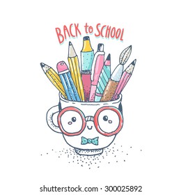 Cute cartoon tea cup character sketch with pencils, brush, pens. Back to school vector illustration. Adorable funny object with bow and glasses.