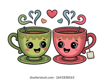 Cute cartoon tea cups couple in love
