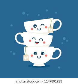 Cute cartoon tea cups with funny faces vector illustration