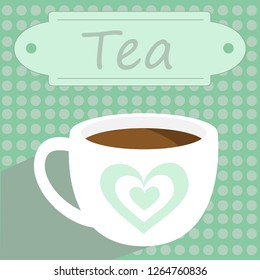 Cute cartoon tea mug with heart on green background