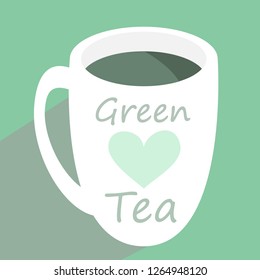 Cute cartoon tea mug with heart on green background