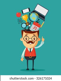 Cute Cartoon Teacher. Different Objects in His Head: Magnifier, Calendar, Clocks, Golden Cup, Globe, Laptop, Phone, Red Apple and Pencil. Vector Illustration