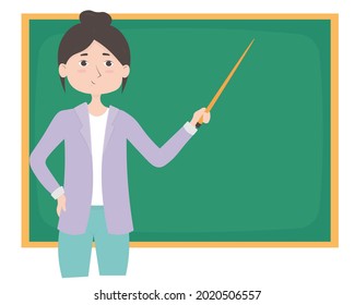 Cute cartoon teacher girl with pointer in front of the chalkboard