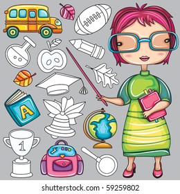 Cute cartoon  teacher and  school doodle icons