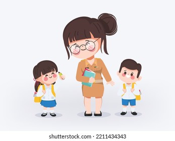 Cute cartoon teacher and student back to school. Thai teacher and student uniform in occupation government job.