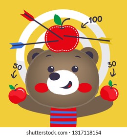 Cute cartoon teddy bear with apple and arrow on his head on yellow background illustration vector. 