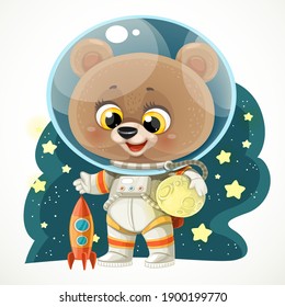 Cute cartoon teddy bear in an astronaut costume with moon in hand and a rocket isolated on white background