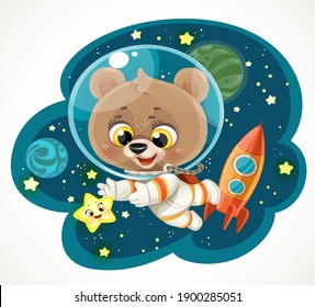 Cute cartoon teddy bear in an astronaut costume in outer space reaching for a star isolated on white background