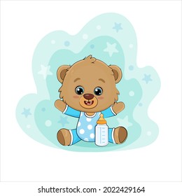 Cute cartoon teddy bear with baby bottle.Vector illustration
