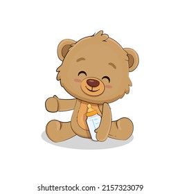 Cute Cartoon Teddy Bear Baby On White Background.Bear Cub With Baby Bottle. Vector Illustration 