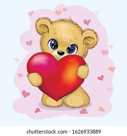 Cute Cartoon Teddy Bear with a big soft Heart in its paws.
Valentines day postcard. 
Love and Friendship.