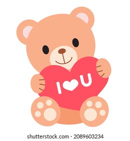 Cute cartoon Teddy bear with big heart. I love you quote. Illustration for cards, clothes, baby shower, textile and books. Children design element. Positive funny print for Birthday and Valentine day