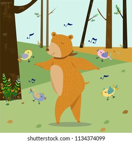 cute cartoon a  teddy bear and bird are singing and dancing in the jungle, illustration vector by freehand doodle comic art.