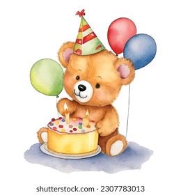 Cute cartoon teddy bear birthday party celebration watercolor ilustration