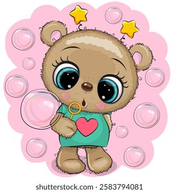 Cute cartoon Teddy Bear blow bubbles on a pink background