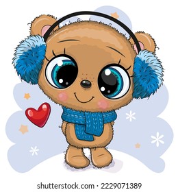 Cute Cartoon Teddy Bear in blue fur headphones on a blue background