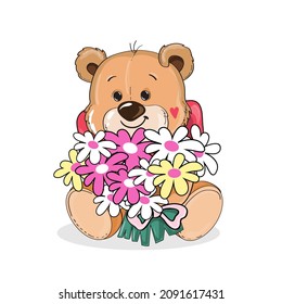 Cute cartoon teddy bear with a bouquet of flowers on a white isolated background. Vector illustration for Valentine's Day and Birthday