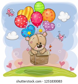 Cute Cartoon Teddy Bear in the box is flying on balloons