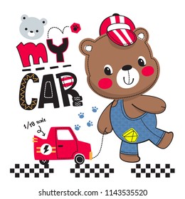 Cute cartoon teddy bear boy wearing overalls and hat dragging red toy car isolated on white background illustration vector.
