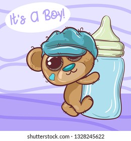 Cute Cartoon Teddy bear boy with feeding bottle - Vector