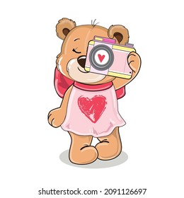 Cute cartoon teddy bear with a camera on a white background isolated. Vector illustration for Valentine's Day. T-shirt design, greeting cards