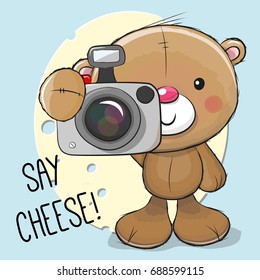 Cute cartoon Teddy Bear with a camera on a cheese background
