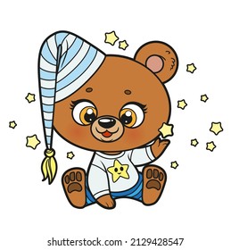 Cute cartoon teddy bear in a cap and pajamas with stars color variation drawing for coloring on a white background