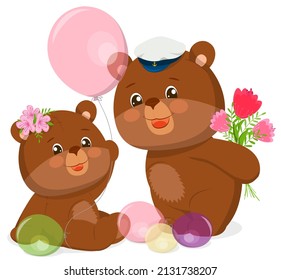 A cute cartoon teddy bear in a captain s cap is holding a bouquet. Vector illustration.