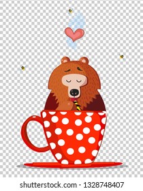Cute Cartoon Teddy Bear Character Sitting in Red Cup with Polka Dots Pattern and Licking Paw with Sweet Honey. Bees Fly Around. Heart in Steam Isolated on Transparent Background. Vector Illustration.