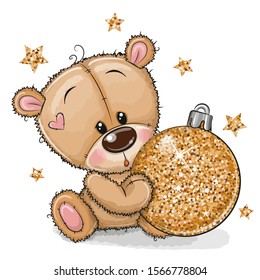 Cute Cartoon Teddy Bear with a Christmas toy on a white background