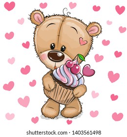 Cute Cartoon Teddy Bear with Cupcake on a hearts background