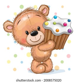 Cute Cartoon Teddy Bear with Cupcake on a dots background