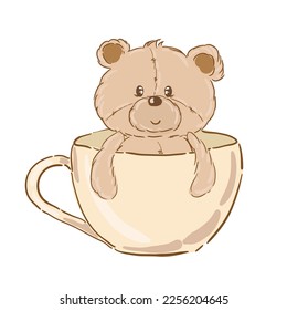 Dibujo lindo muñeca de oso de Teddy sentada en una taza, niños niños vectorial ilustración de la camiseta