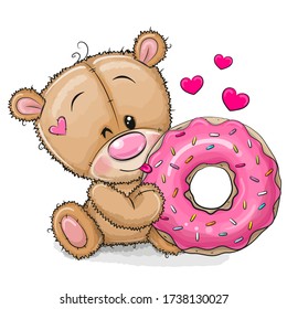 Cute Cartoon Teddy Bear with donut on a white background